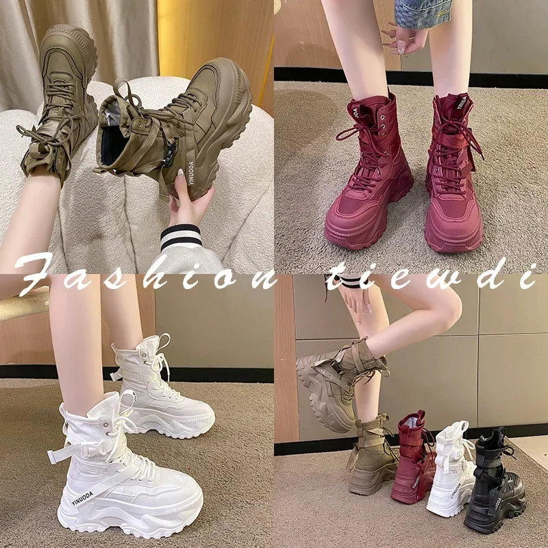 Hot Fashion Women Chunky Platform Motorcycle Boots White Lace Up Thick Bottom Shoes Woman Autumn Winter Ankle