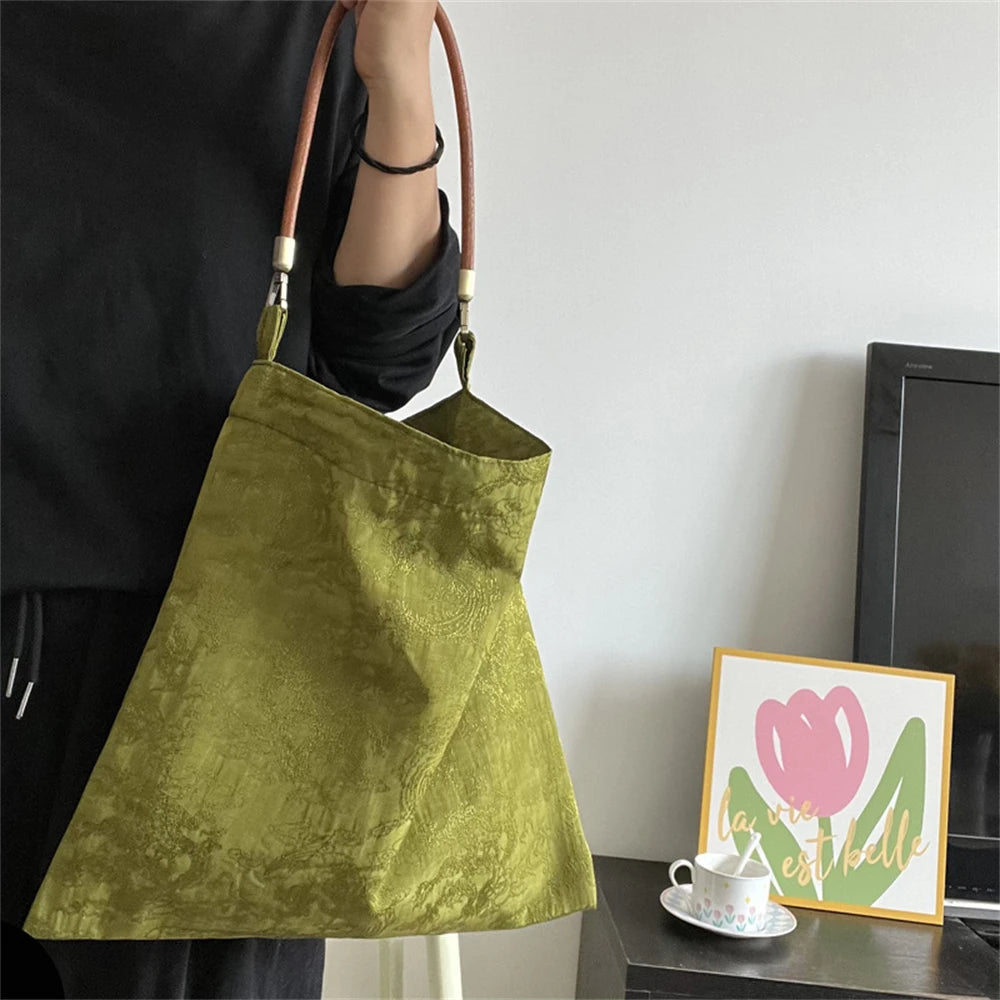Women Handbag Totes Vintage Jacquard Silk Sati Linen Underarm Bag Portable Knot Wrist Bag Adjustable Pu Crossbody Travel Bag