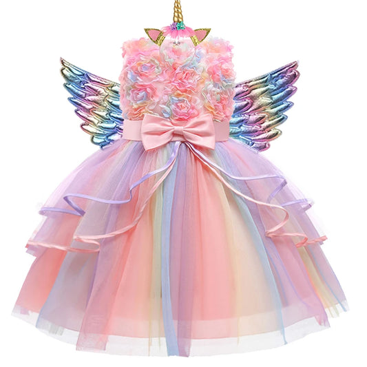 2025 new Girl's Unicorn Dress 1-10 Year Old Children's Flower Cake Princess Dress Carnival Halloween Performance Clothing