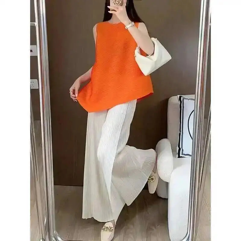 LANMREM patchwork design women's Pleated trousers elastic High Waisted Draped Straight Wide Leg Pants 2025 chic new 2DB3871