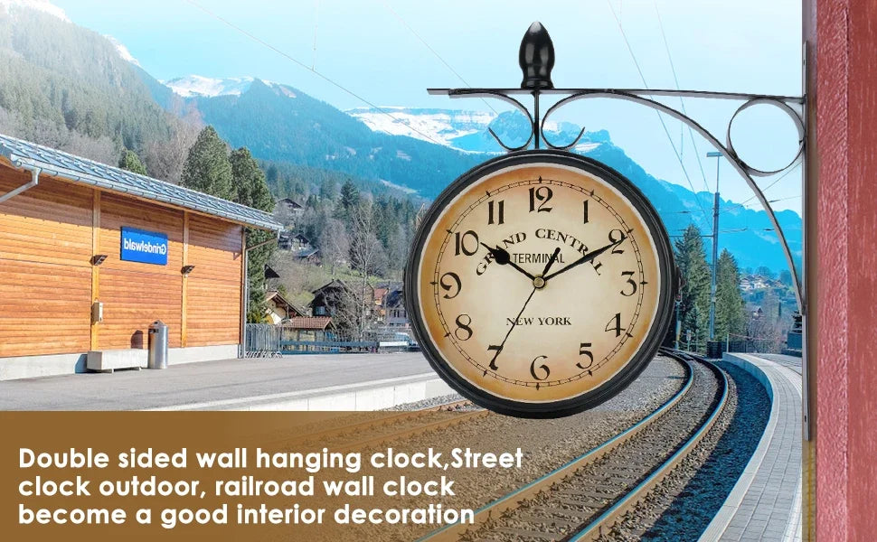 Double Sided Train Station Waterproof Wall Clock For Garden Retro Wrought Iron Metal Wall Clock Silent Indoor Outdoor Decoration