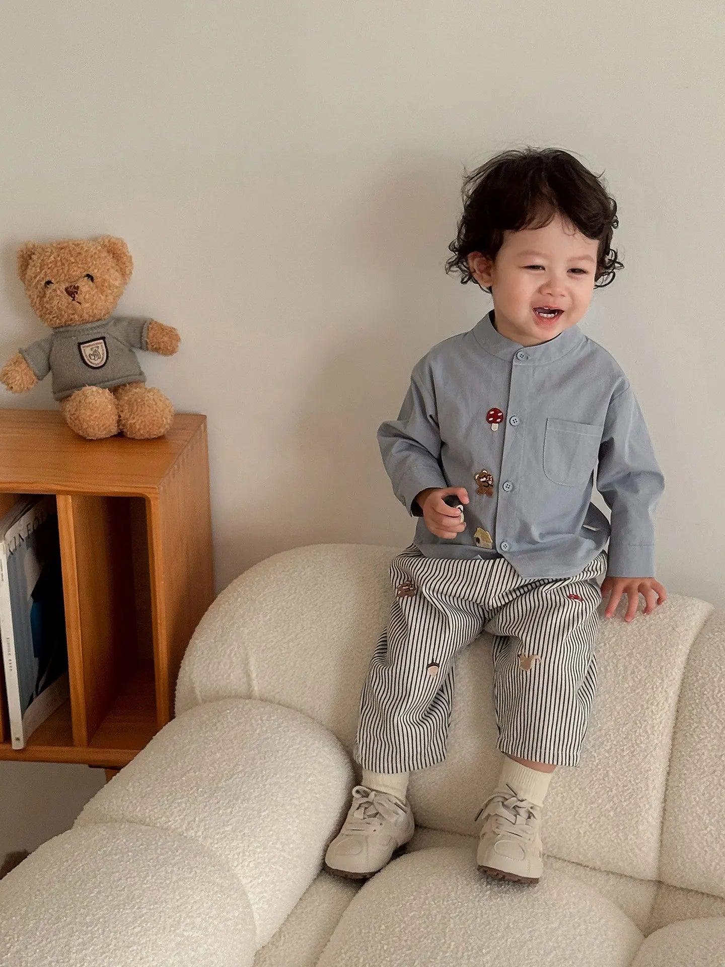 2025 Fall New Toddler Kids Pants Cotton Cartoon Embroidered Harem Pants Baby Boy Casual Striped Denim Baggy Trousers