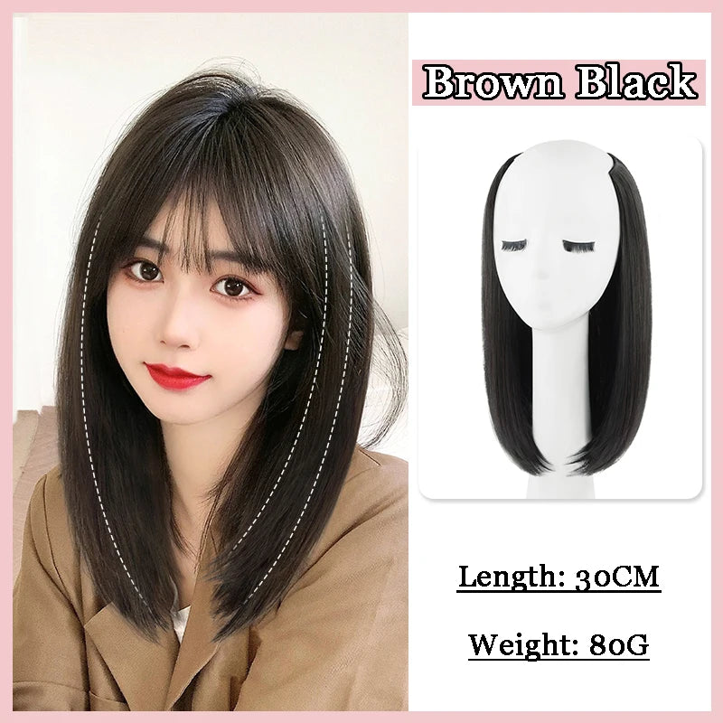 12Inch Synthetic V-shaped Layered 4 Clips Synthetic Long Straight Hair Extension Hairpiece Wig for Women