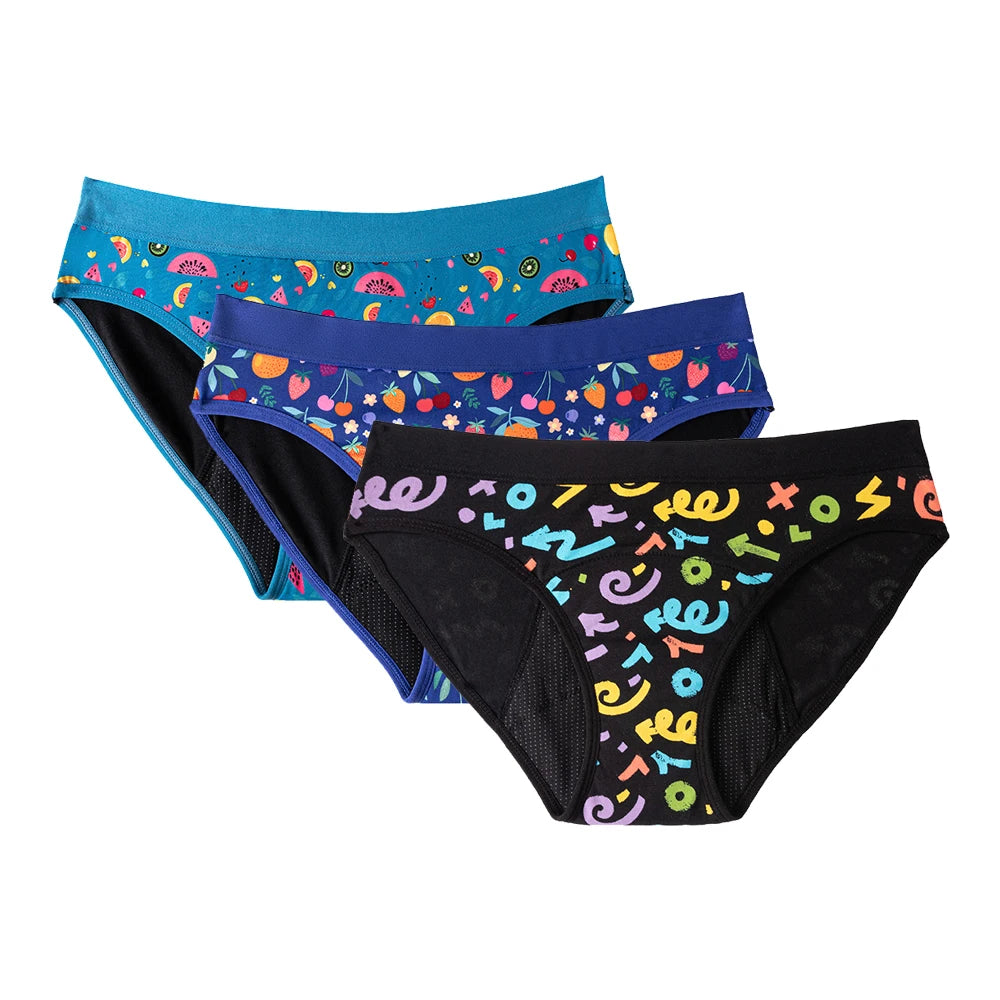 3PCS/Lot Girls Cotton Menstrual Panties For Teenager Printing Fabric Underwear 4-Layers Medium Flow Absorption Panties for Girls