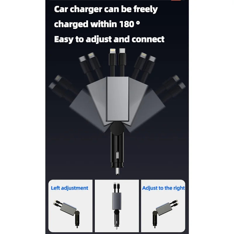 M38 FM Bluetooth MP3 Transmitter 4-in-1 120W Fast Charge Retractable Cable Car Charger with Colorful Light Built-in Media Player