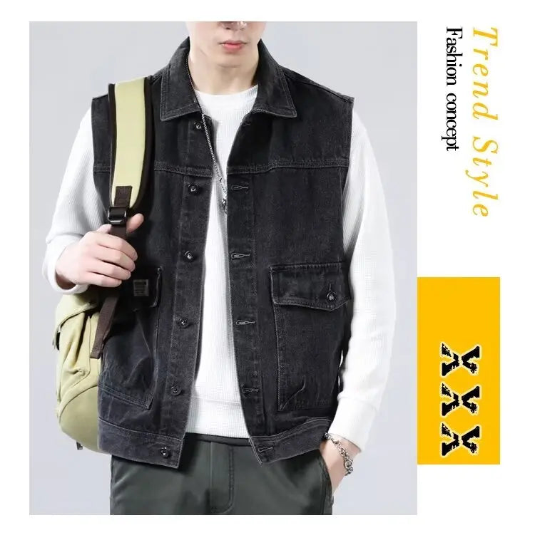 Spring Vintage Design Mens Denim Vest Male Retro Sleeveless Jackets Men Ripped Hole Button Jean Waistcoats Clothing 4XL
