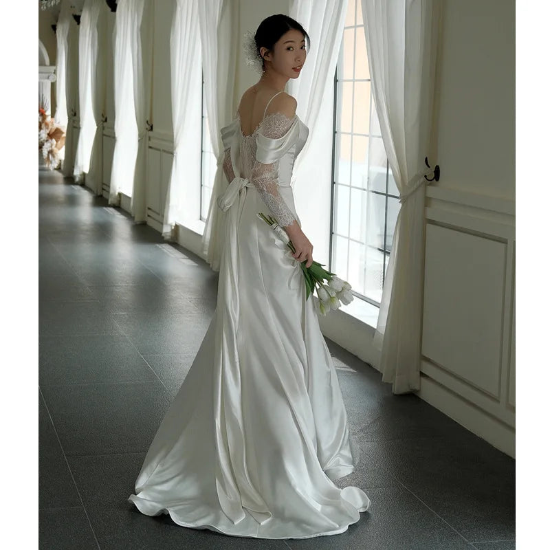 Wedding Dresses For Parties   Satin One Shoulder French Style New Suspender Simple Trailing Lace Dress