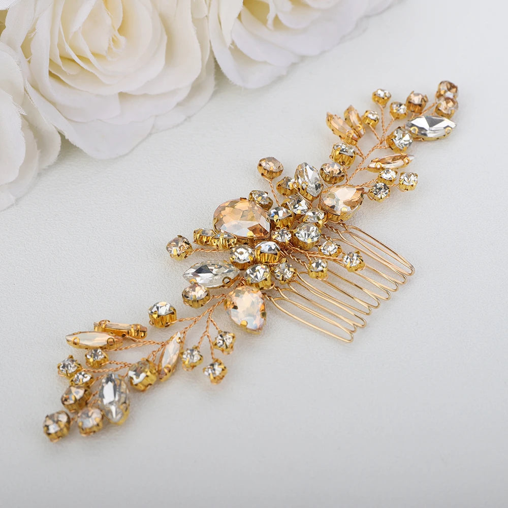 Crystal Flower Bride Hair Accessories Red Wedding Head Jewelry Blue Rhinestone Headdresses Women Hair Comb 9 Colors Headpieces