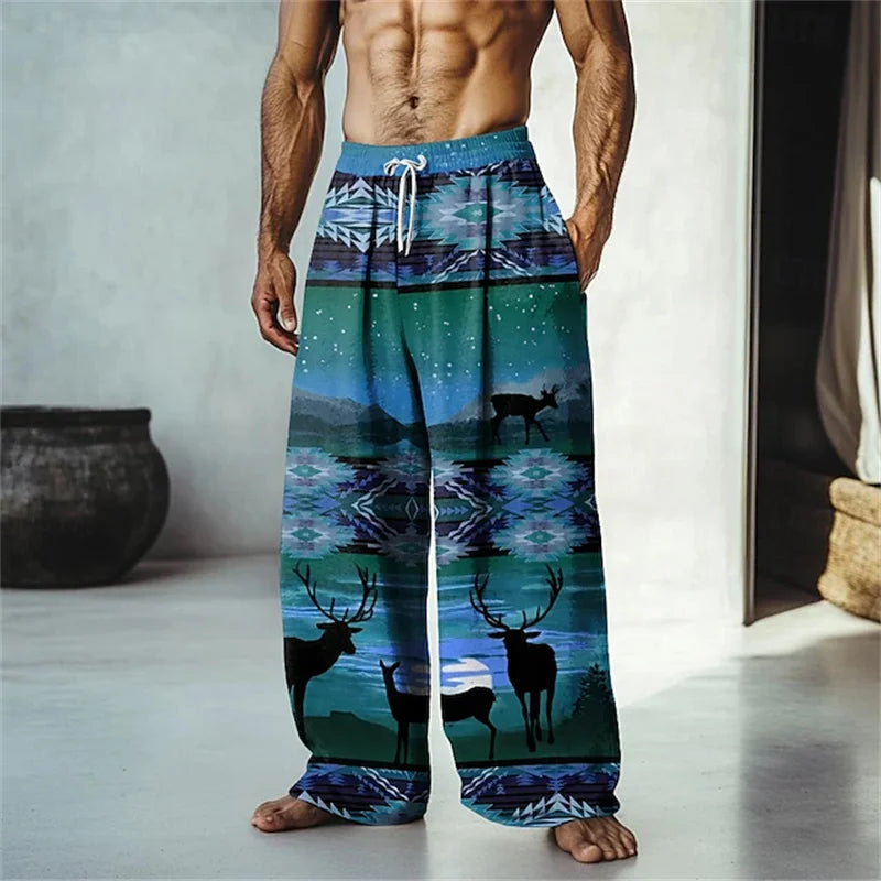 New men's loose fit casual pants with 3D printed geometric patterns, fashionable and comfortable wide leg pants