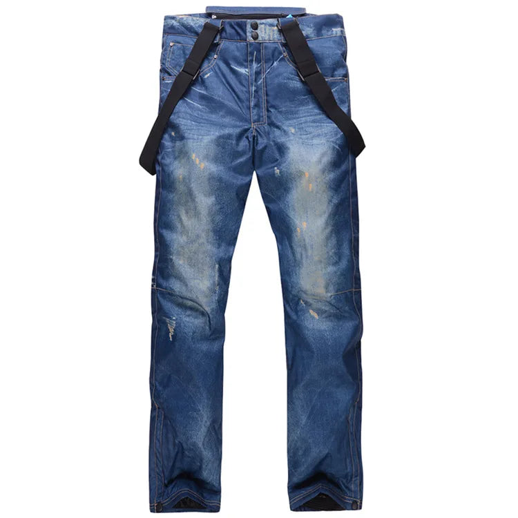 style denim ski pants suspenders denim ski pants men's skating snowboard waterproof, windproof and warm ski pants