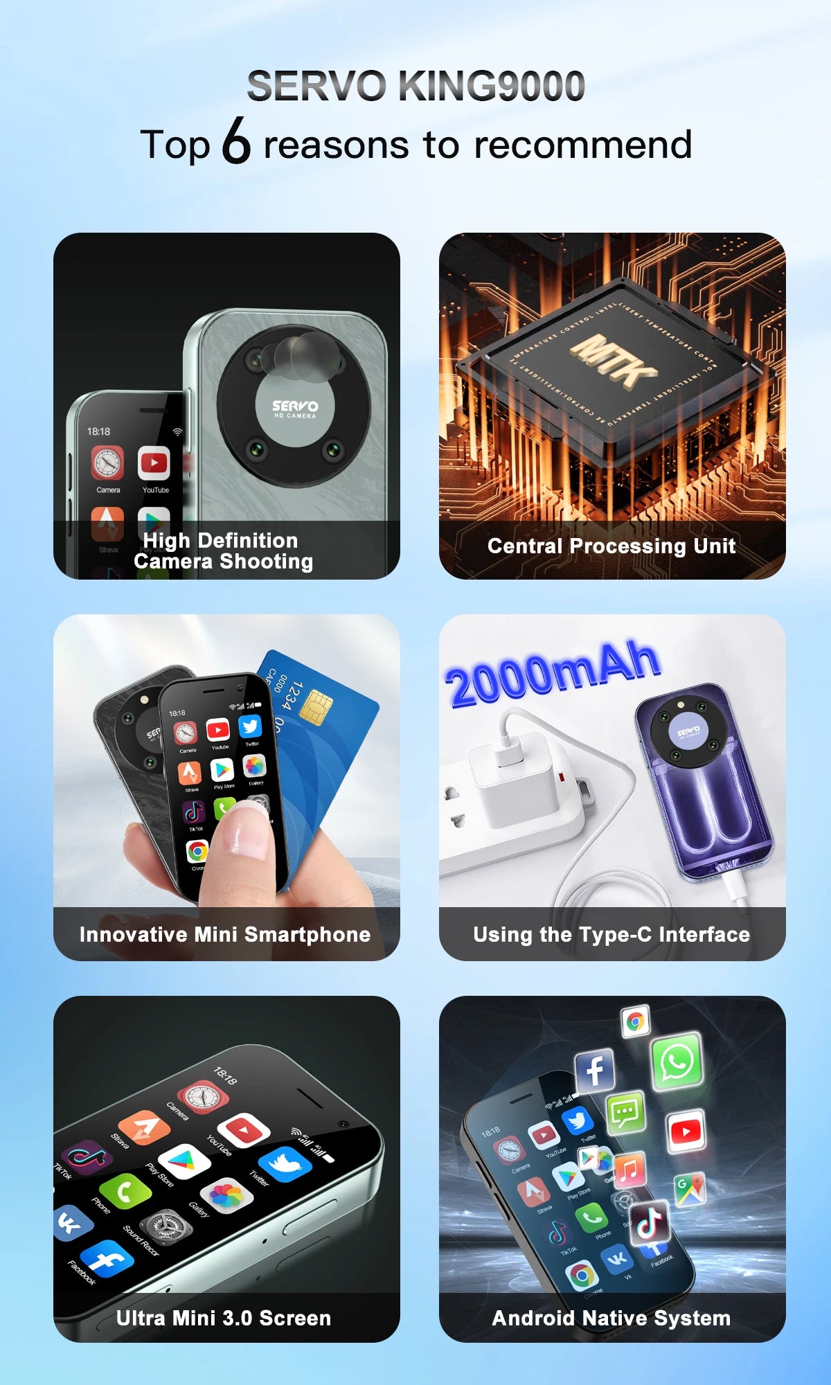 SERVO KING 9000 3.0" HD Display Small Smartphone Android 10.0 Network 4G LTE 2GB+16GB 2000mAh Face Recognition Mini Mobile Phone