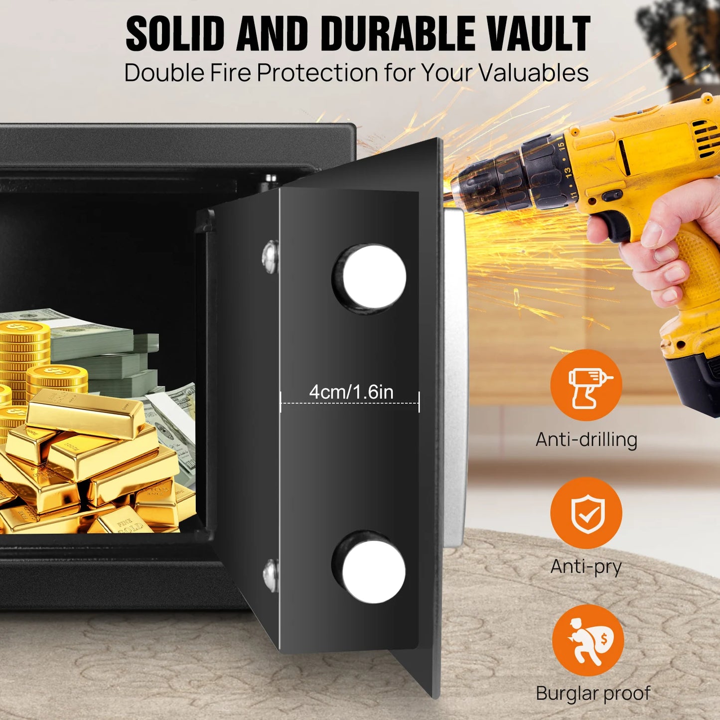 Fireproof Waterproof Home Safe 4.6L/8.5L/16LSafes Home Security Cash Box Cabinet Valuables Protection with Double Digital Keypad