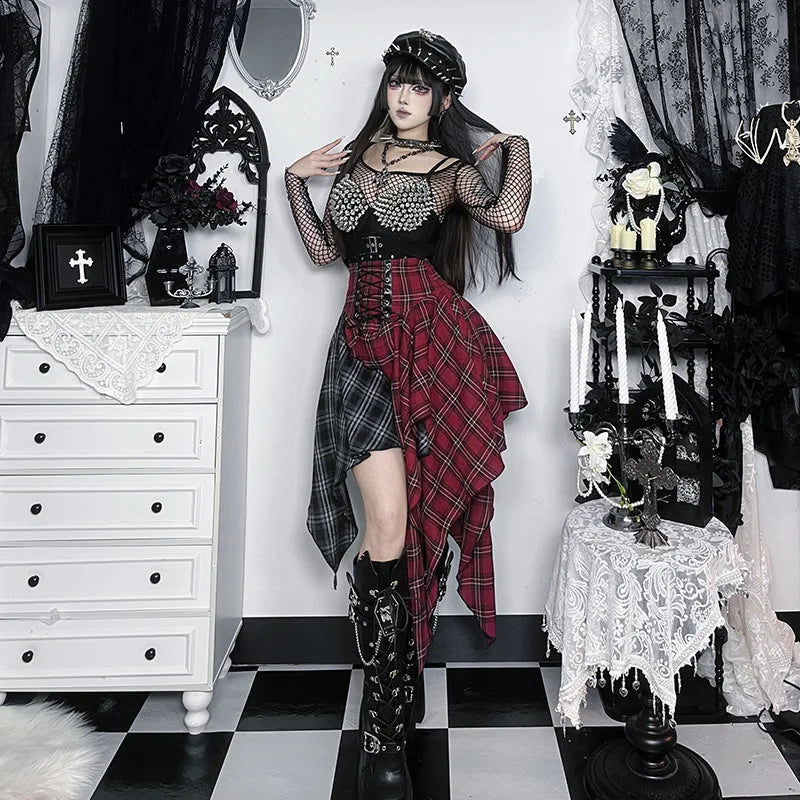 Goth Dark E-girl Streetwear Plaid Patchwork Irregular Hem Short Skirt Gothic Bottoms Y2K Punk Bandage Mini Skirts Alt Clothing