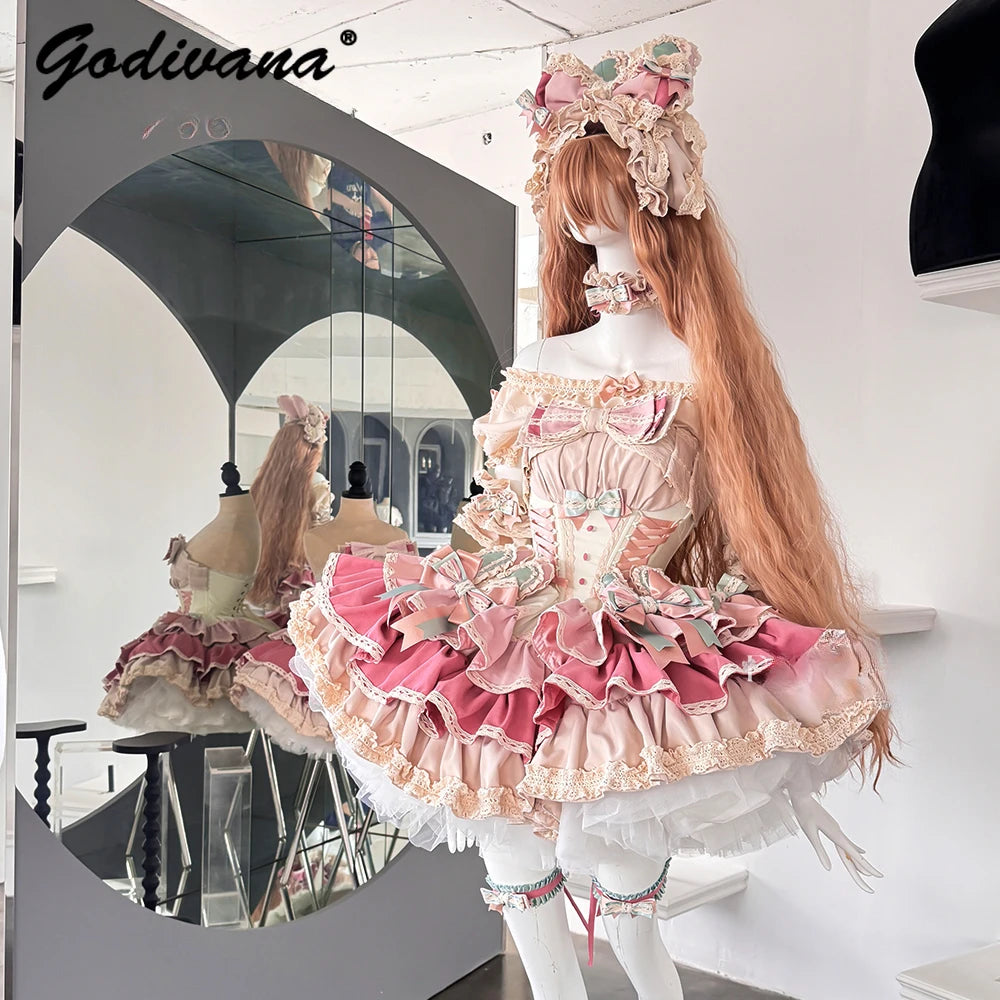 Sweet Cute Girls Lolita Clothing Accessories Set Princess Ribbon Lace Bow Headband Choker Necklace Bracelet and Leg Ring