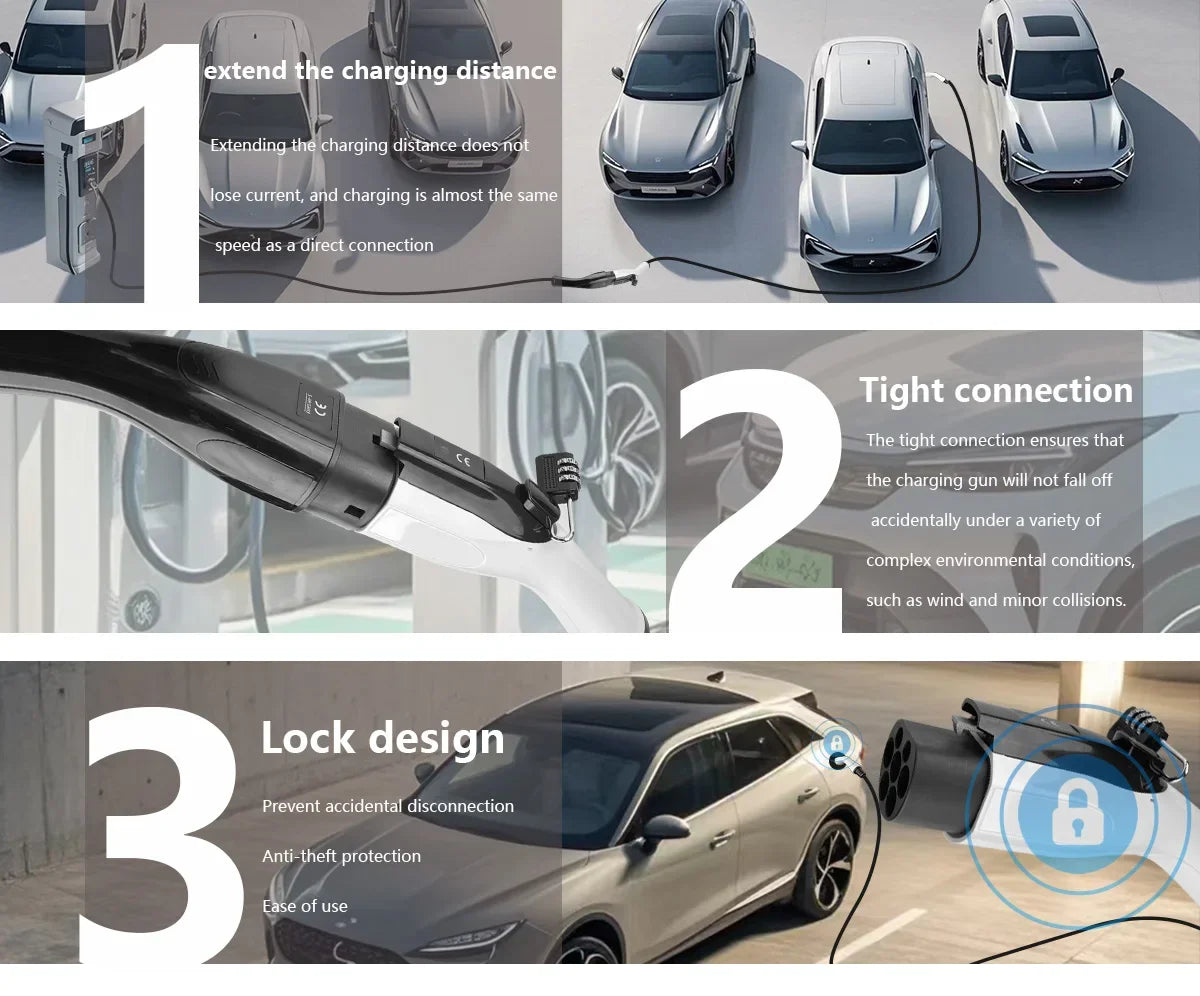 For wired charging stations Portable EV Charging Cable 32A 22KW 3 Phase Electric Car Charger 3.5KW 16A 1 Phase Anti-theft strap