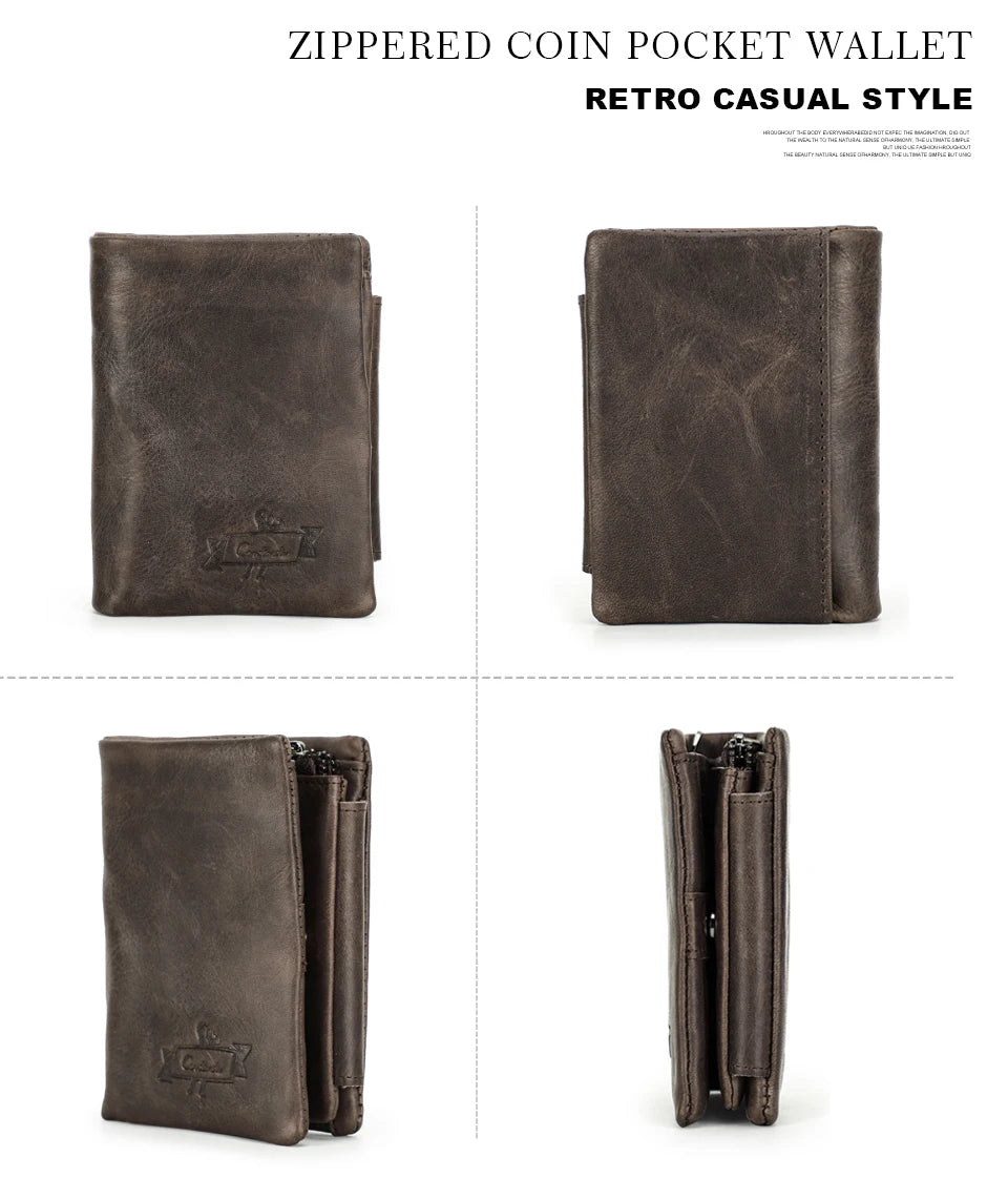 CONTACT'S Genuine Leather Men Wallet Vintage Trifold Hasp Wallet Zipper Coin Purse Card Holder Money Clip Men's Wallets