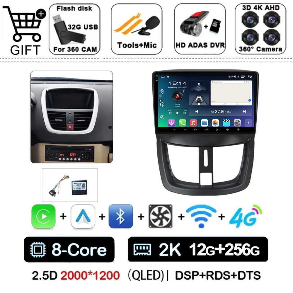 Car Radio For Peugeot 207 2006 - 2015 Multimedia Video Player Navigation Stereo GPS Android 14 wireless Carplay DSP RDS 5G WIFI