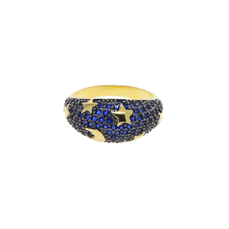 2025 Gold Color Rainbow Fashion Bling Moon Star Ring For Women Men Hip Hop Iced Out Paved Colorful Neon Enamel Luxury Jewelry