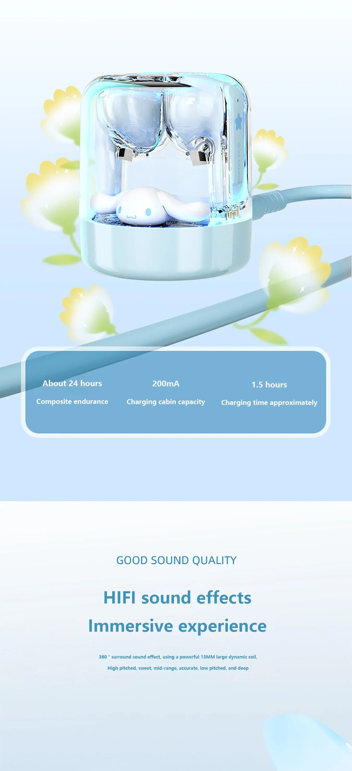 Sanrio EJ-986 TWS Earbuds Kuromi Hello Kitty Wireless Earphones Bluetooth Transparent Warehouse HIFI Sound Headsets Long Battery