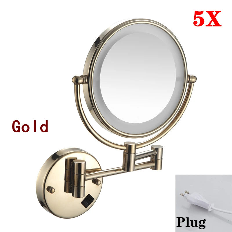 Brushed Gold LED Makeup Mirror with Brass Folding Bathroom Mirrors of 8 Inch 3X 5X Maynifying Makeup Mirror Dual Face LED Mirror