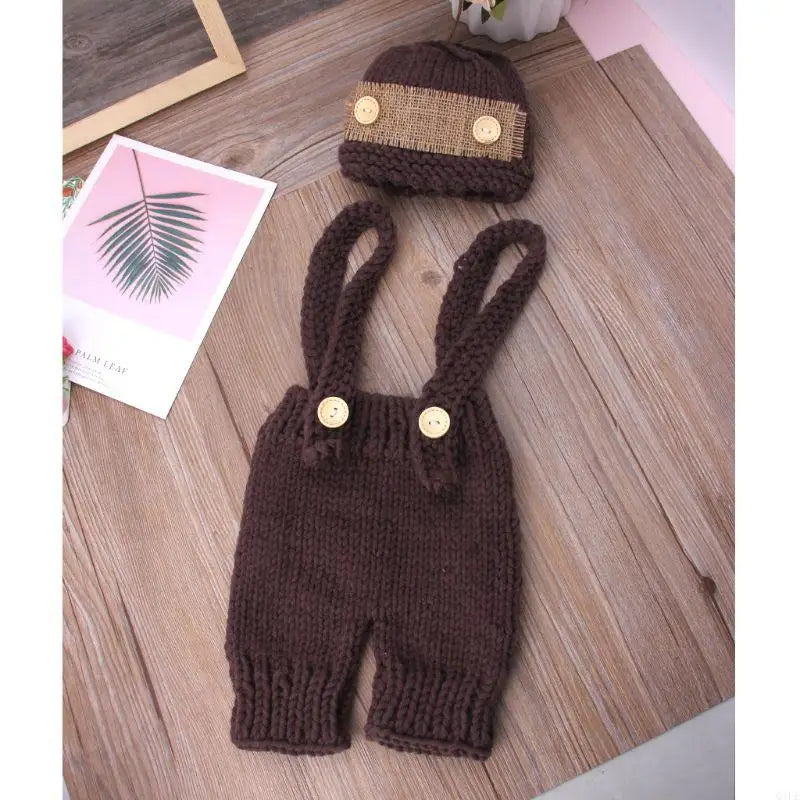 Q1FE Baby Hat Crochet Overalls Costume for Photo Retro Baby Photo Props