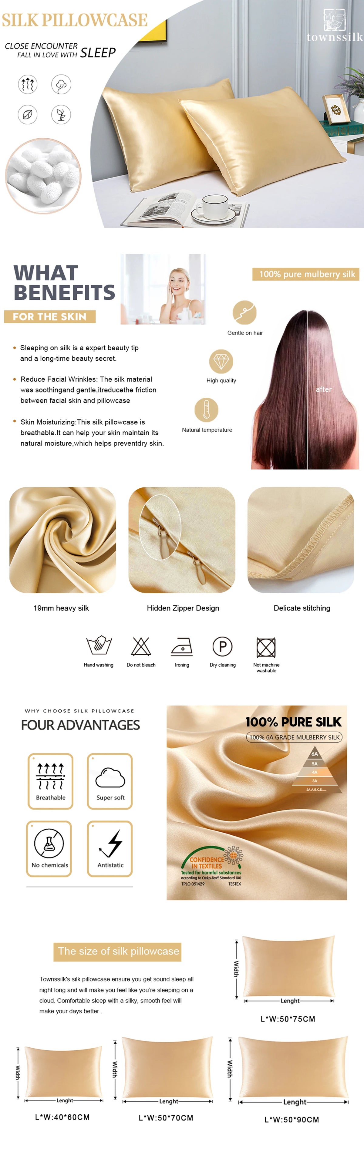 100% Natural Mulberry Silk Pillowcase With OEKO-TEX 22MM Front In 100% Silk & Back in Lenzing Tencel Fabric, 1 Pack