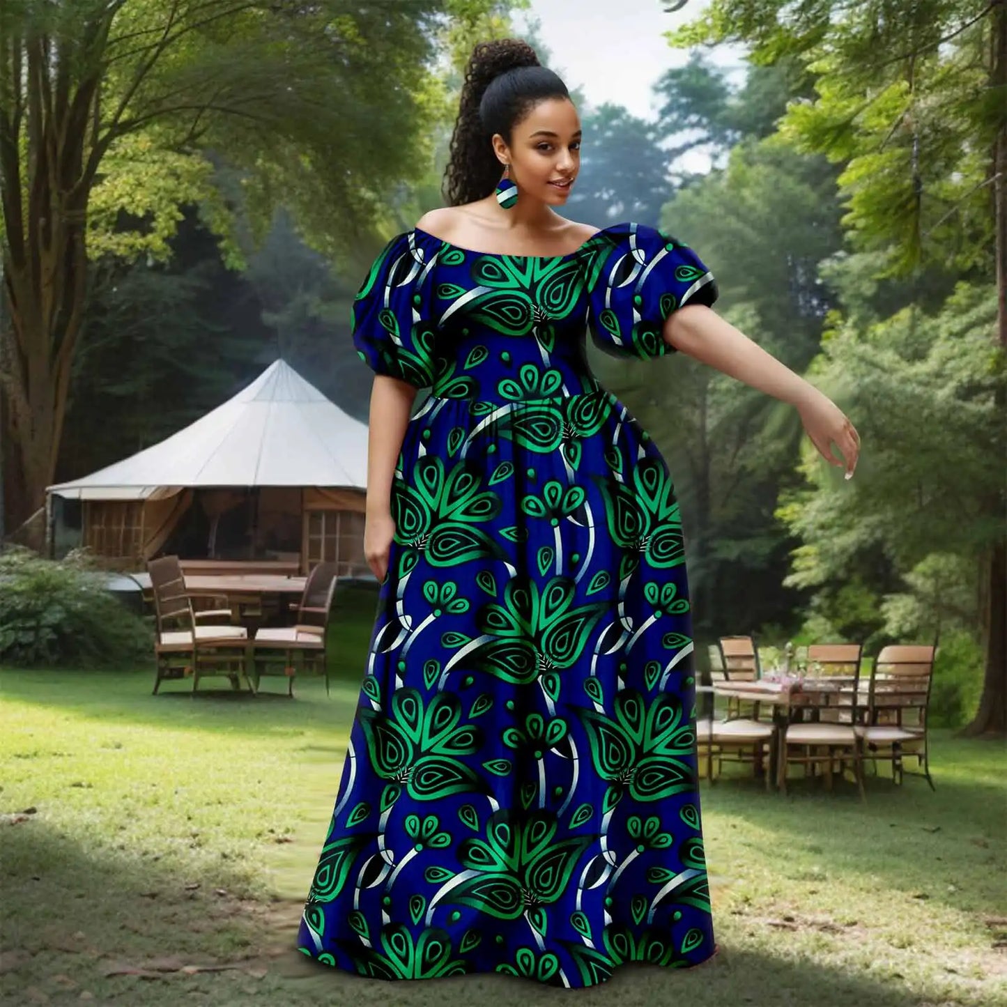 Afripride African Women's Dresses Sexy Strapless Bubble Sleeves With Same Color Earrings Women's Dresses 2525012