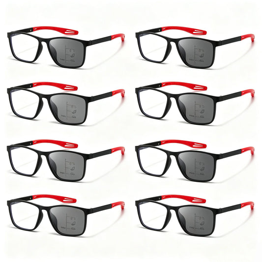 8PCS 3in1 Photochromic Multifocal Reading Glasses Progressive Look Far and Near Eyeglasses Men Sport  Anti Blue Light Grade