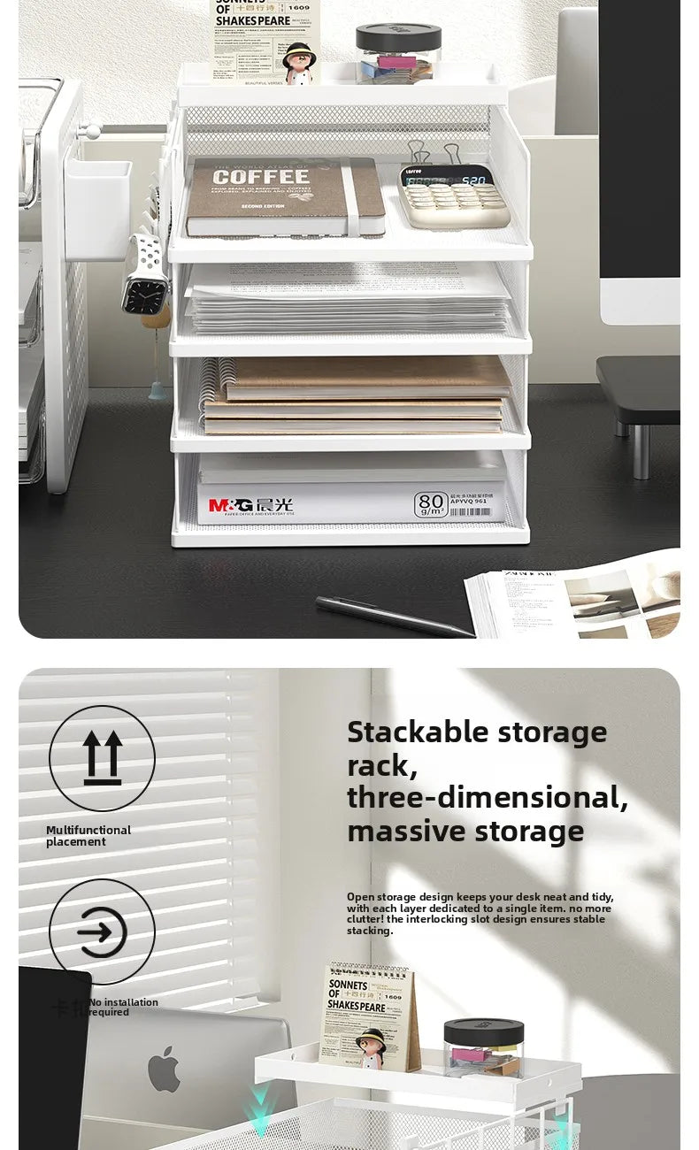 4 Tier Metal Paper Tray Desk Organizer, Stackable File Trays for Office Home, Multi-Functional Document Tray with Grid Design.
