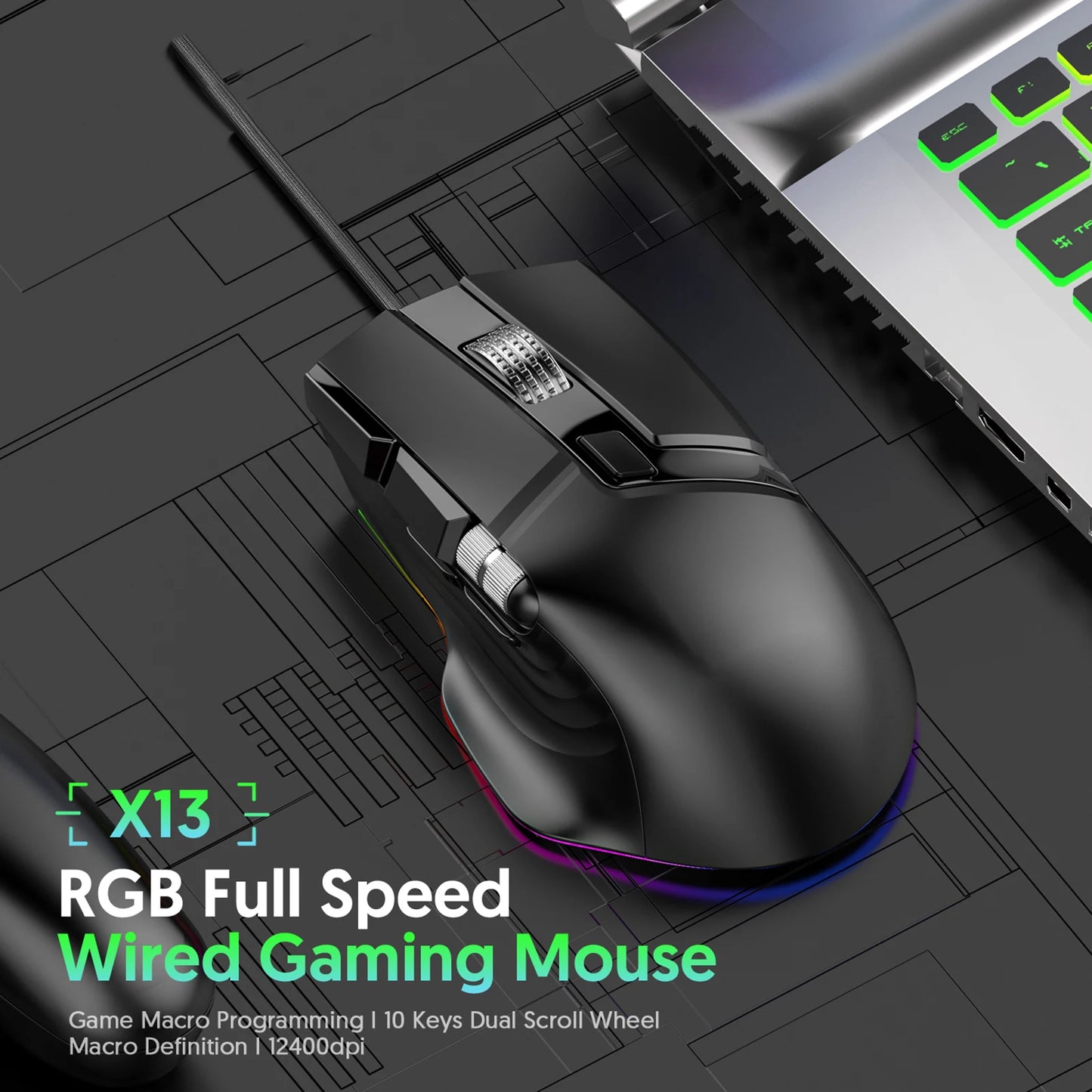 RGB Wired Gaming Mouse 7 Lighting Modes Dual Scroll Wheels Macro Programmable 1200-12400 DPI Ergonomic Design for PC Gamer
