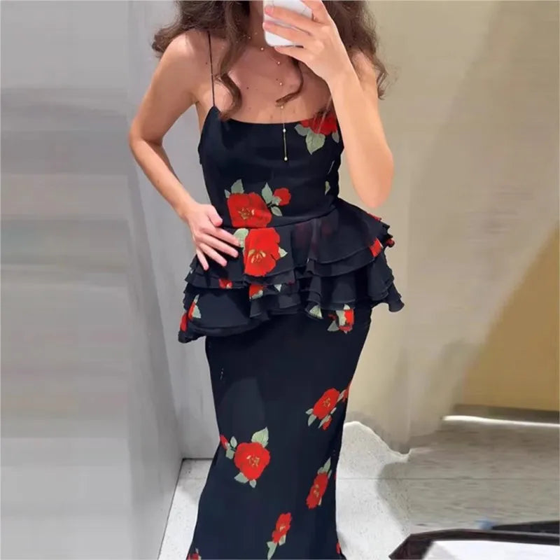Summer 2-piece Suit Print Flower Mesh Slit Hip-covering Skirt Halter Top Suit Women's Fashion Causal Woman 2 Piece Set Outfit