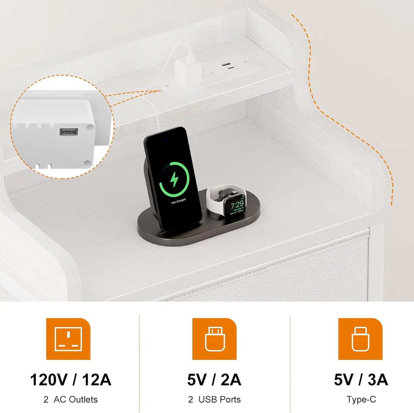 Dresser for Bedroom with Charging Station and LED Lights,6 Drawers Dresser White Chest of Drawers with Shelves, Tall Night Stand