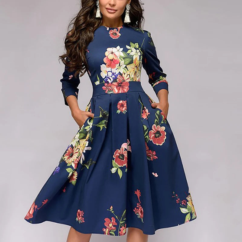 2023 Spring AutumnOffice Lady Knee Length Elegant Vintage Long Sleeve Party Dresses Women Floral Printed Dress New