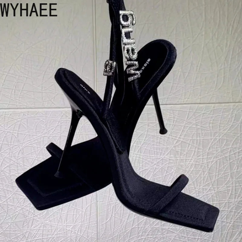 2022 New Square Toe Women Sandals Crystal Letters Decor Women Pumps Sexy High Heels Silk Wedding Dress Shoes Gladiator Sandal