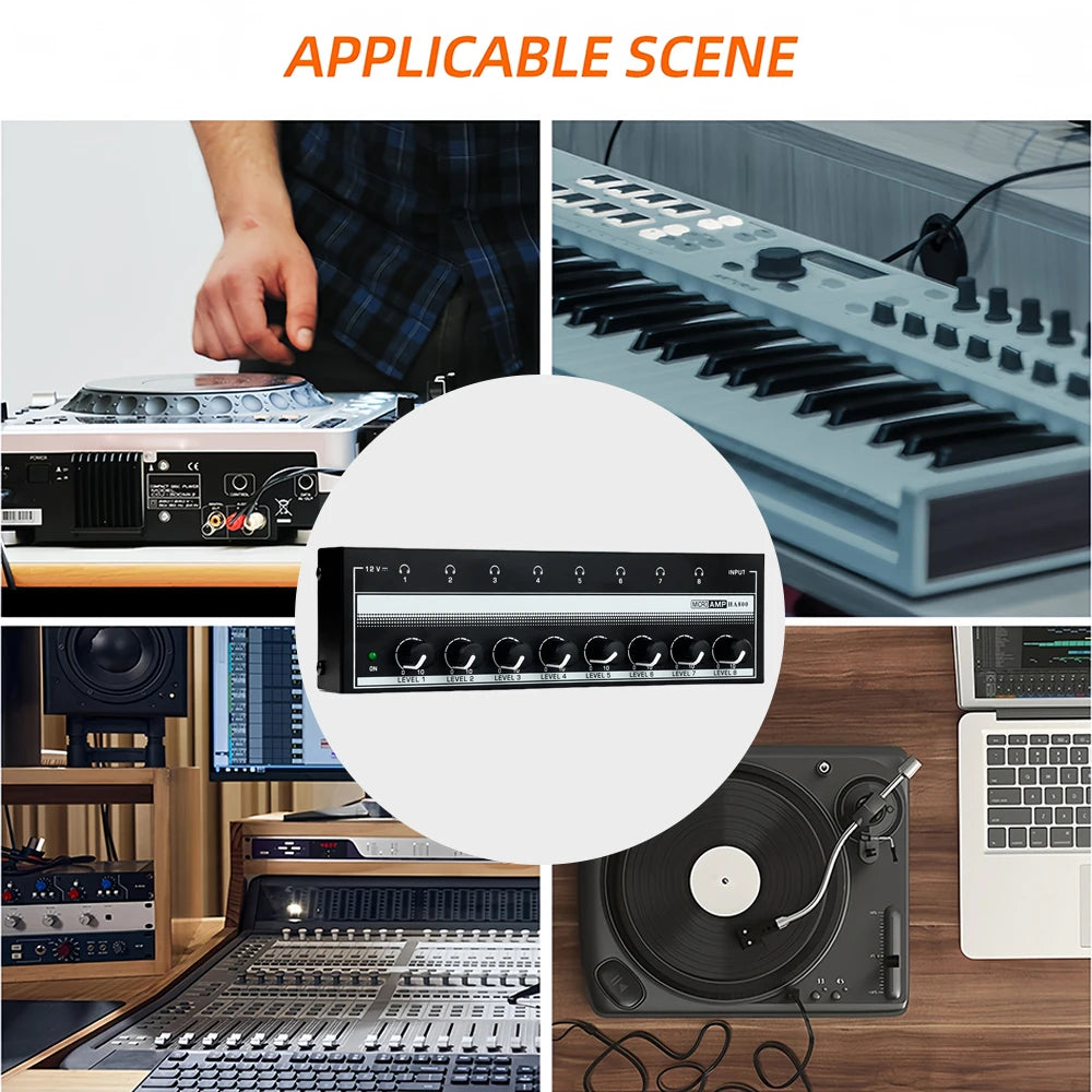 Headphone Amplifier 8 Channels Stereo Audio Amplifier AMP Ultra-Compact Portable Mini Amplifier with Rotary Button 6.35mm Jack