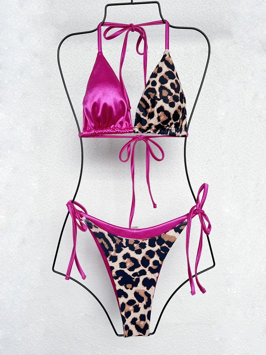 Halter Splicing Leopard Bikinis 2026 Satin Bikini Female Swimsuit Women Swimwear Two-pieces Bikini Set Micro Bathing Suit Swim