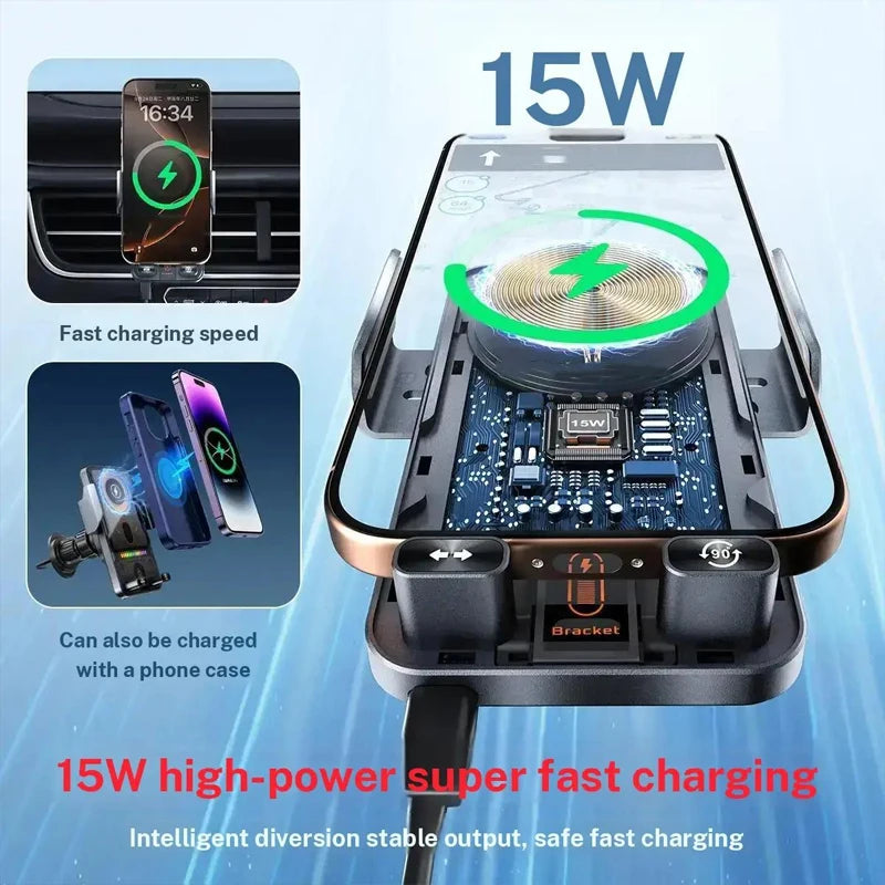 Auto-Sensing Car Wireless Charger Electric Rotating Mount Ambient Light Compatible Fast Charging Station for iPhone 17 16 15 14