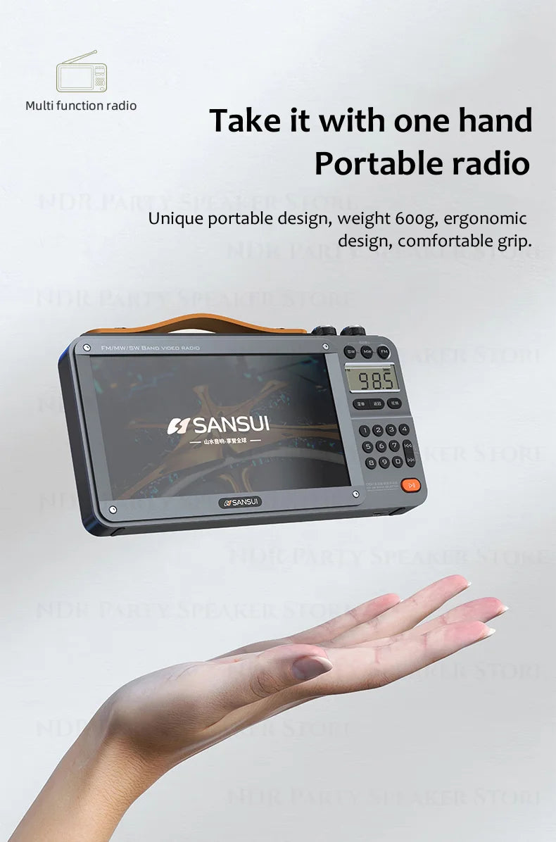 SANSUI Portable FM/MW/SW Radio 7-inch HD LED Display Radio Wireless Bluetooth Speakers Dual TF Card Slot MP4 Video Music Player