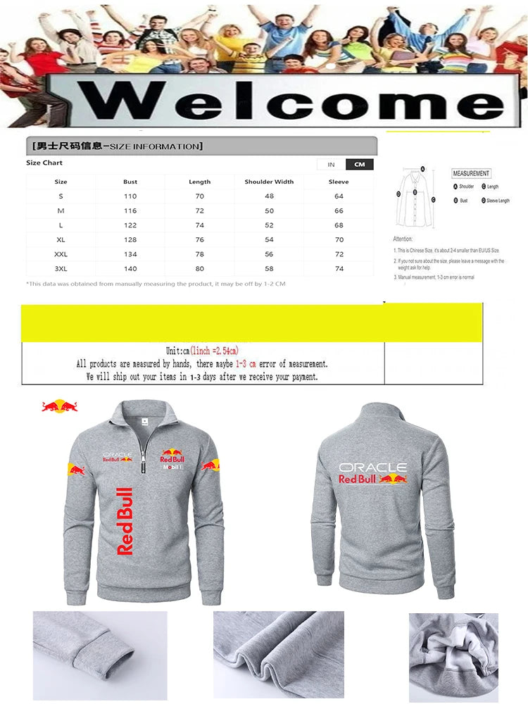 RedBull Logo Autumn-Winter Fashionable High-Neck Half-zip LongSleeved SolidColor Sport Shirt Thickened Men's Clothing Casual Top