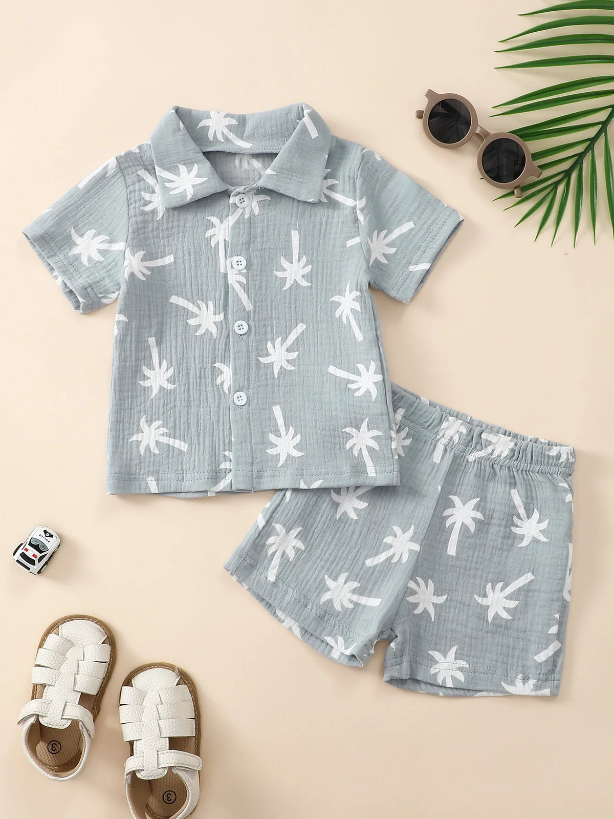 Baby Boy 2Pcs Summer Beach Set Palm Tree Print Short Sleeve Shirt Elastic Shorts Toddler Vacation Outfit