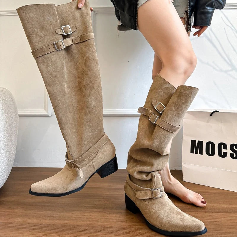 Women's Chelsea Boots 2025 Autumn New Suede High Heel Knee-high Boots Sexy Pointed Designer Elegant Banquet Ladies Gothic Boots