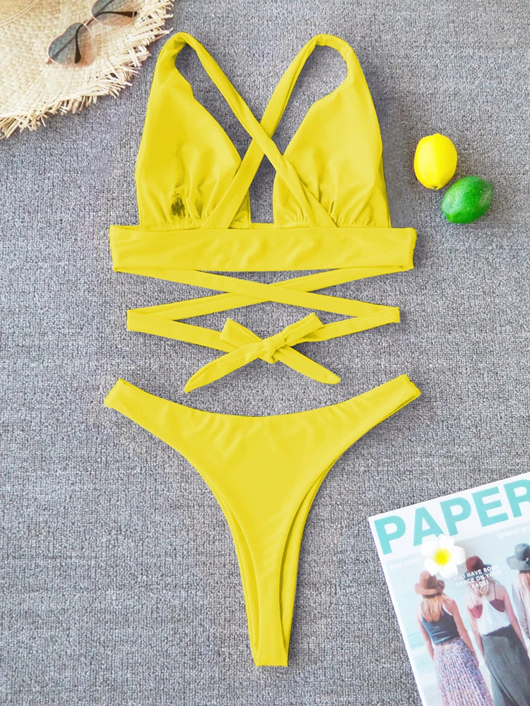 Sexy Bikini 2025 Solid Swimsuit Female Swimwear Women Push Up Bikini Set Cross Bandage Bathing Suit Beach Wear Swimming Suit