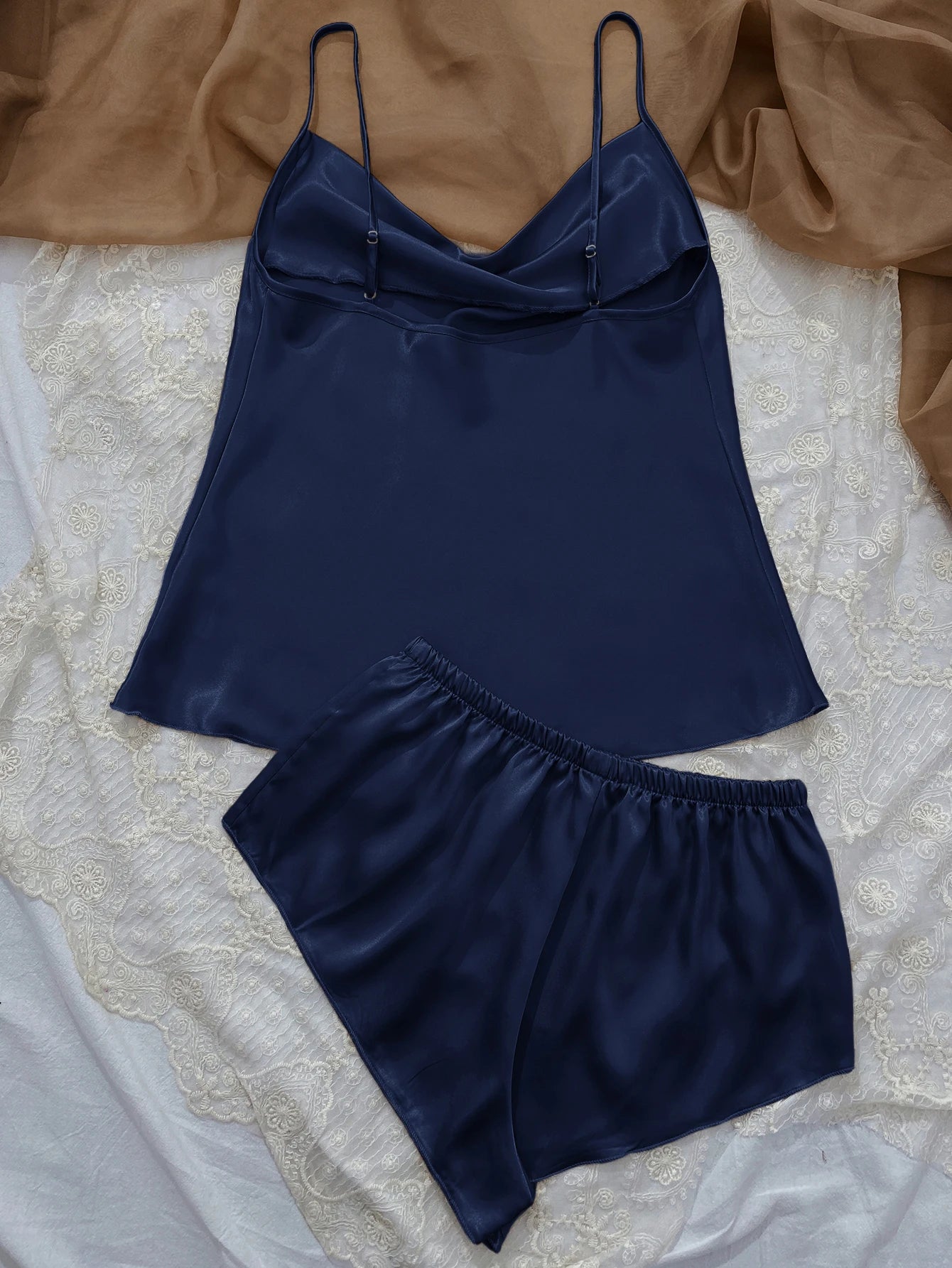 Solid Satin Pajama Set  V Neck Cami Top   Elastic Waistband Shorts Women's Sleepwear  Loungewear