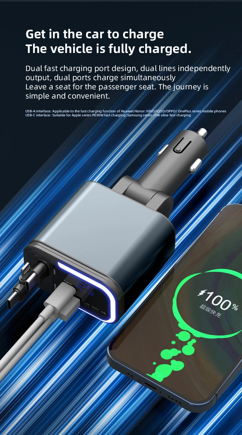 5 IN 1 180W Retractable Car Charger Bluetooth 5.0 FM Transmitter Fast Phone Charger Handsfree Call U-disk Aux with LED Light