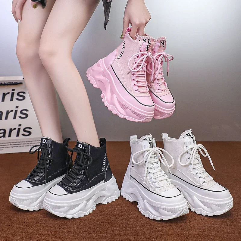 Women Sneakers High Top Platform Breathable Leather Shoes 2023 Autumn Ladies Wedges Casual Shoes For Woman Sports Dad Shoes 8CM
