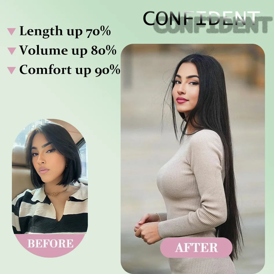 4pc synthetic women's 16inch/20inch/24inch four piece straight hair extensions, black/brown wig, suitable for daily wear