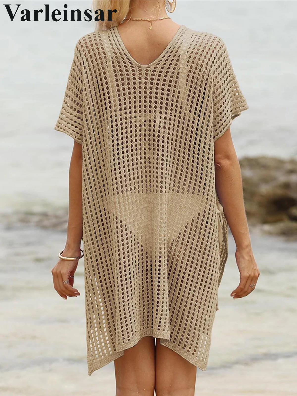 Short Sleeve V Neck Hollow Out Crochet Knitted Tunic Beach Dress Beach Wear Beachwear Beach Cover Up Cover-upsFemale Women V8061