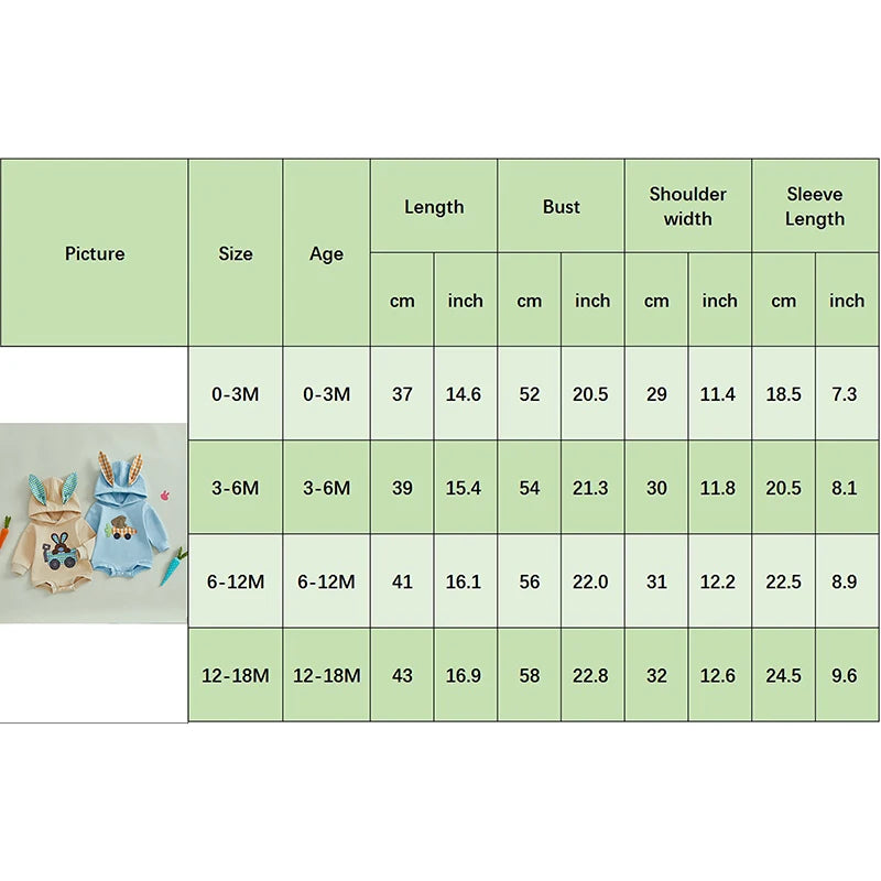 0-18M Newborn Baby Boys Easter Hooded Romper Long Sleeve Bunny Carrot Embrolidery Casual Jumpsuit