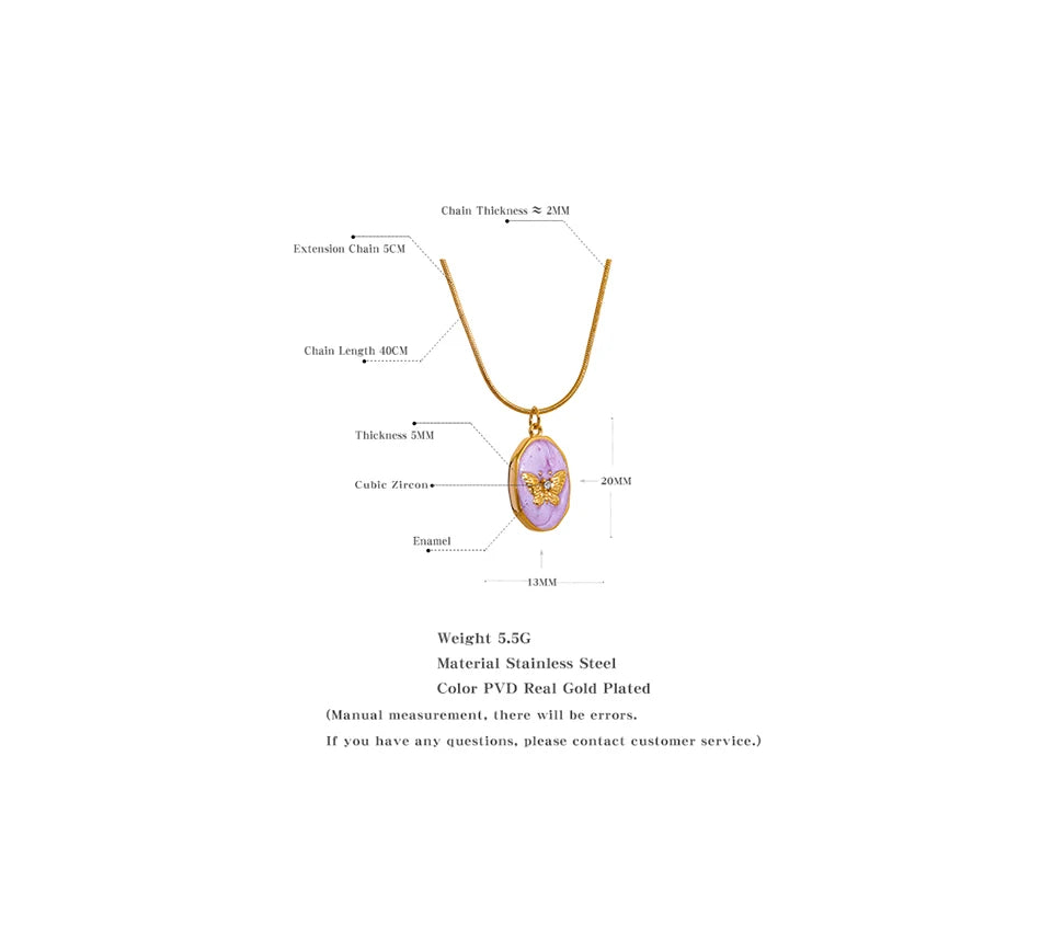 Yhpup Pink Enamel Butterfly Gilding Geometric Pendant Stainless Steel Collar Fashion Necklace for Women Korean Chic Jewelry Gift