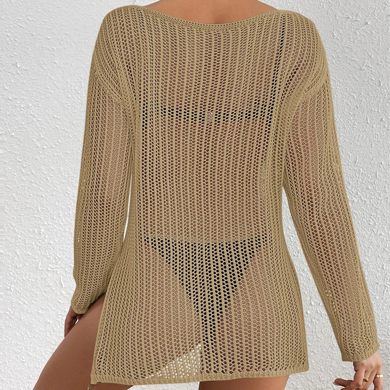 Sexy Style Knitted Loose Bikini Cover-Ups Women's Hollow-Out Long Top Summer Holiday See-Through Beachwear Sunscreen Smock